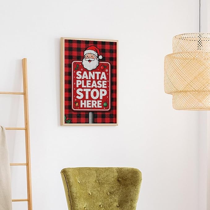 AIVKIEJK Diamond Painting Kits for Adults - Holly & Stars, Santa Please Stop Here Painting DIY 5D Full Drill Diamond Dots Paintings with Diamonds Gem Art and Crafts Home Decor 8"x12"