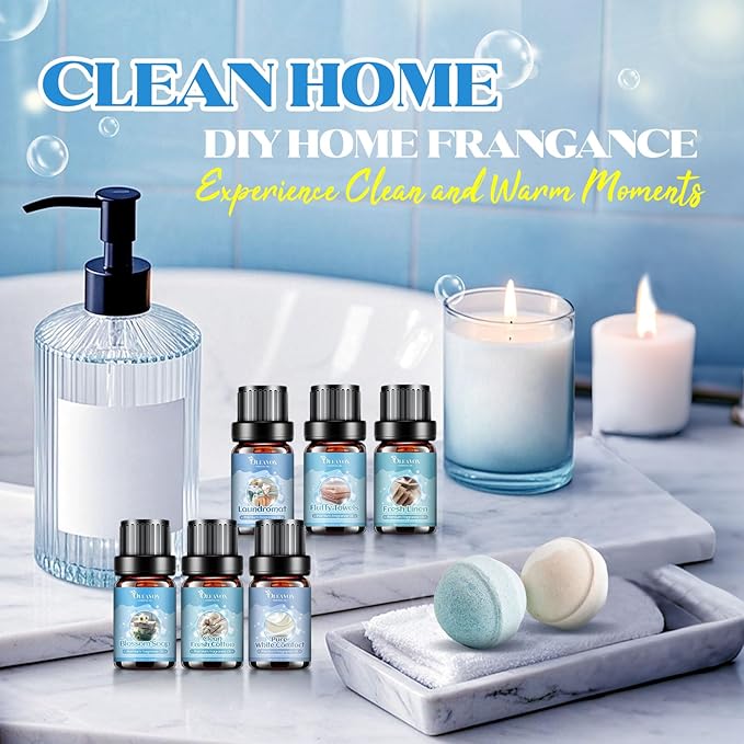 Clean Essential Ois for Laundry, Fragrance Oil for Diffuser for Home,Candle & Soap Making, Fresh Linen, Fresh Cotton, Laundromat, Blossom Soap,Pure White Comfort, Fluffy Towels, Strong Scented Oils