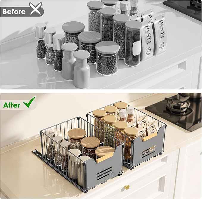 Pull Out Cabinet Organizer, Slide Out Drawers for Cabinets, Peel and Stick, Heavy Duty Shelves for Kitchen, Cupboard, Pantry, Bathroom,high- Gray