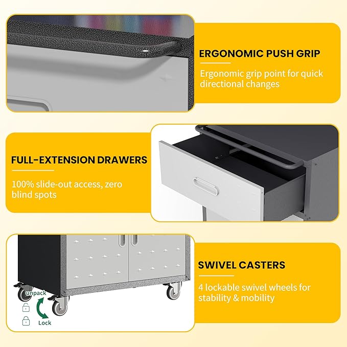 Garage Storage Cabinets with Wheels, Locking Metal Storage Cabinets with 2 Doors and 1 Drawer, Easy Assembly Tool Cabinet for Garage, Basement,Warehouse