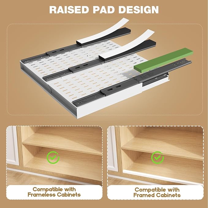 4 Pack Pull Out Cabinet Organizer With Raising Pad for Framed Cabinets,Expandable Width (13"-21") and Depth (17"-24"),3 Slide Rails Slide Out Drawers with Handle,No-Drill Roll Out Shelf,White