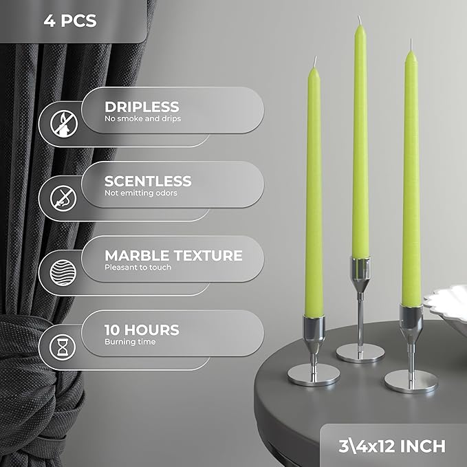 CANDWAX 12 inch Taper Candles Set of 4 - Dripless and Smokeless Candles Unscented - Slow Burning Candle Sticks - Olive Candle Taper
