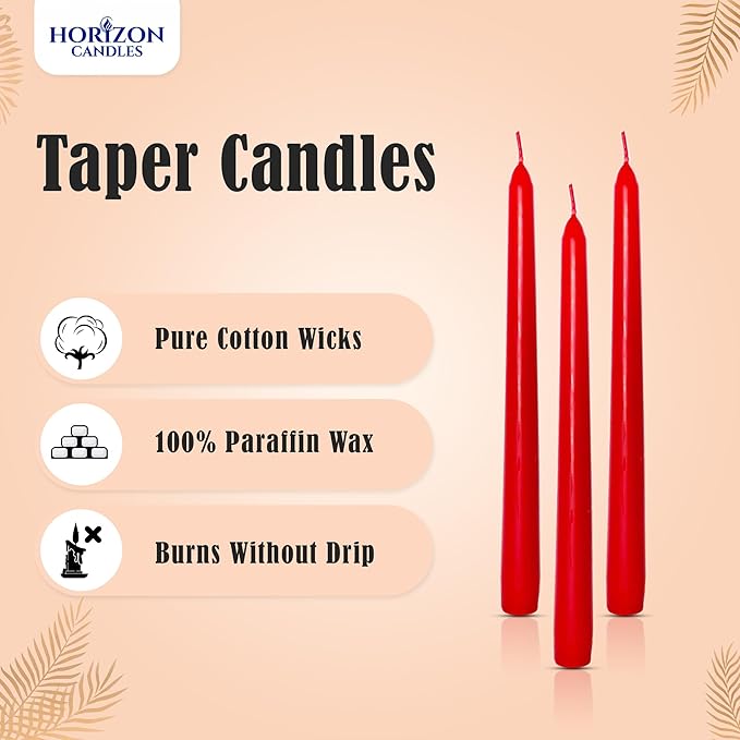 Horizon Unscented 10-Piece Taper Candle Set – 9 Hours Burning Time Smokeless & Dripless Candles for Centerpieces at Wedding, Holiday Dinners, Festive Parties and Home Decor - Red