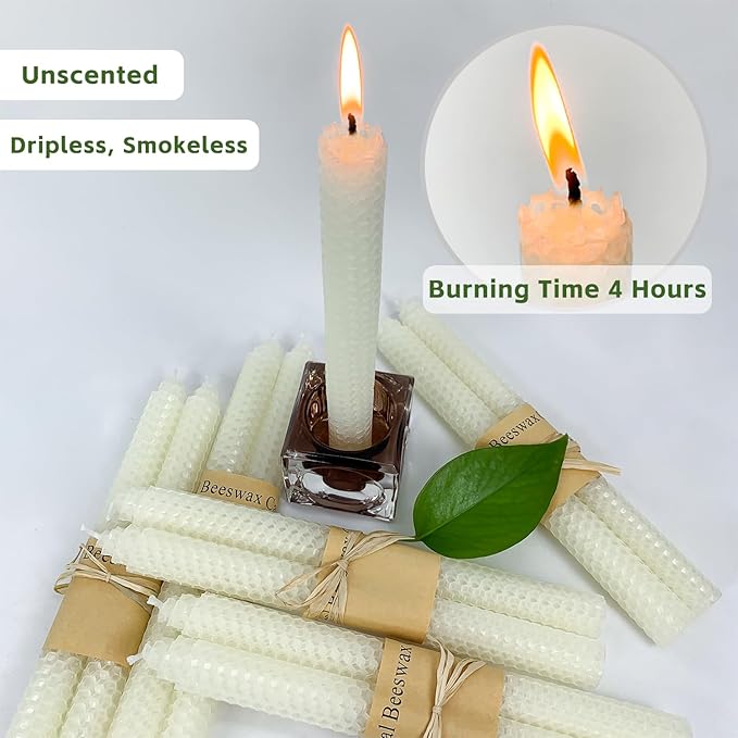 Lacaser Natural Beeswax Taper Candles Bulk Set, 9" Long Candlesticks, Dripless & Unscented, 4 Hour Burn Time, 12 Pack in White