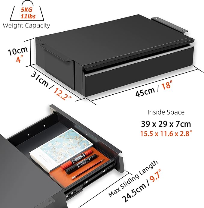 1 Pack Under Desk Drawer 18", Pull-out Storage Organizer with Large Slide Extension Mounted Under Flat Wooden Table or Workbench, Black_Normal Version