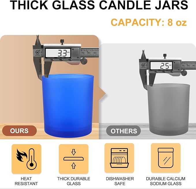 SHOWIN 8 OZ Thick Candle Jars for Making Candles 15 Pcs, Empty Jars with Wood Lids for Candle Making, Sample Container, Frosted Blue