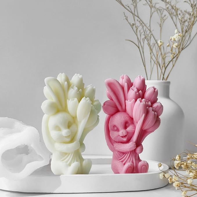 Rabbit with Tulip Silicone Candle Mold, 3D Flower Animal Shape Mold for Candle Making, Wax Resin Soap Casting Mold