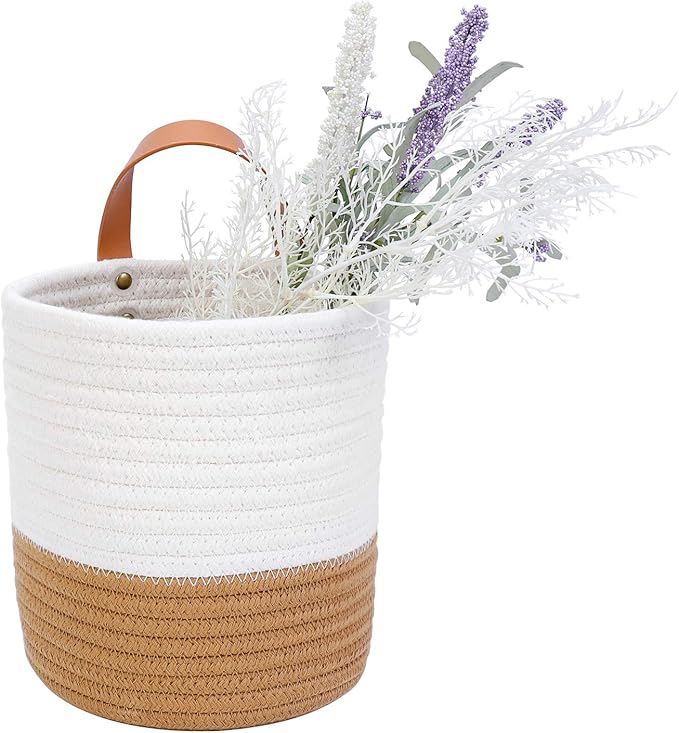 Hanging Basket - Wall Hanging Baskets for Organizing - Hanging Storage Woven Wall Basket - Small Wicker Wall Baskets for Wall Decor - Hanging Planter Baskets 6.3" x 7" (White and Brown)