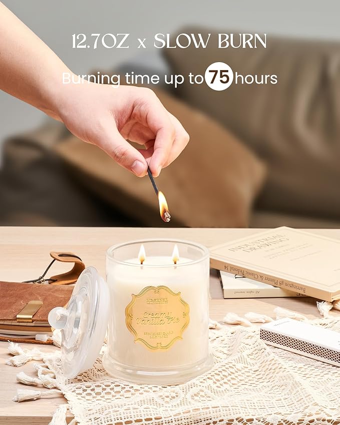 M&SENSE Creamy Vanilla Pie Soy Candles for Home Scented, Organic Non Toxic 12.7oz Large Jar Candle 75 Hours Long Lasting Slow Burning, Winter Home Fragrance Housewarming New Year Gifts