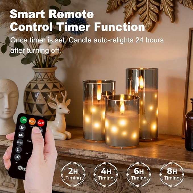 Rechargeable Glass LED Flameless Candles, Embedded Star String Flickering Flameless Candles for Romantic Ambiance and Home Decoration with Remote & Timer(Gray)