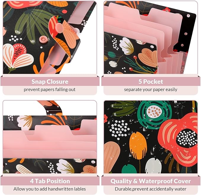 SKYDUE Expanding File Folder with 5 Pockets, Floral Accordion File Organizer for Important Document, Portable Receipt Paper Organizer, School Office Supplies Black