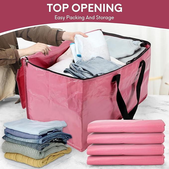 2-Pack Extra-Large Heavy-Duty Storage Totes with Reinforced Handles, Durable Zippers & Waterproof Material — Perfect for Space-Saving, Moving, Shipping and Travel (PINK)