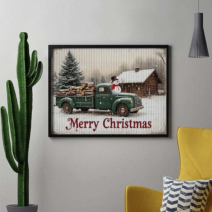 AIVKIEJK Diamond Painting Kits for Adults - Christmas Truck with Snowman & Cabin Winter Painting DIY 5D Full Drill Diamond Dots Paintings with Diamonds Gem Art and Crafts Home Decor 12"x16"