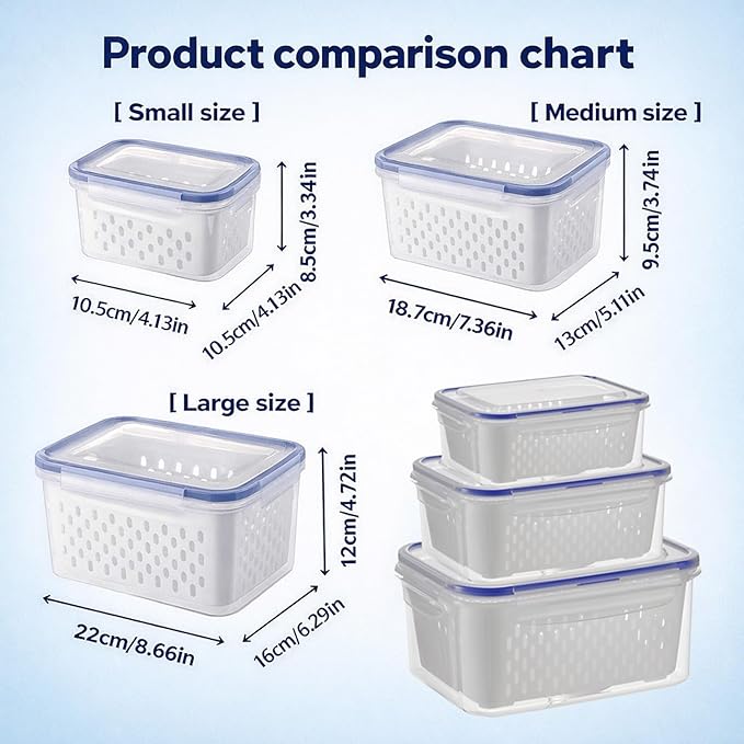 QUROXO 4 in 1 Food Storage Container-3 Piece Set, Household Transparent Plastic Food Storage Box with Lids, Food Fruit Storage Containers for Fridge with Drain Basket (Blue)