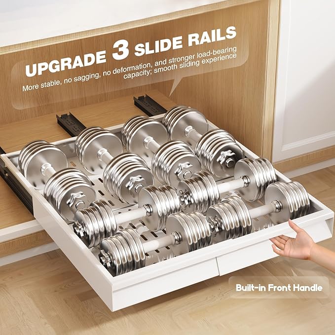 2 Pack Pull Out Cabinet Organizer With Raising Pad for Framed Cabinets,Expandable Width (13"-21") and Depth (17"-24"),3 Slide Rails Slide Out Drawers with Handle,No-Drill Roll Out Shelf,White