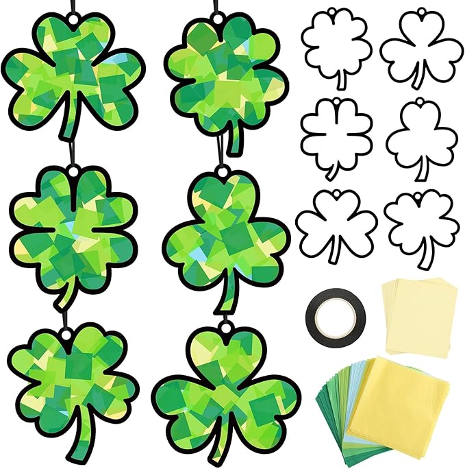 Qyeahkj 36 Set St. Patrick's Day Suncatchers Craft for DIY Shamrock Tissue Paper Craft Kit Lucky Shamrock Stained Glass Window Ornaments Decoration for Home Art Project Party Favor Gift