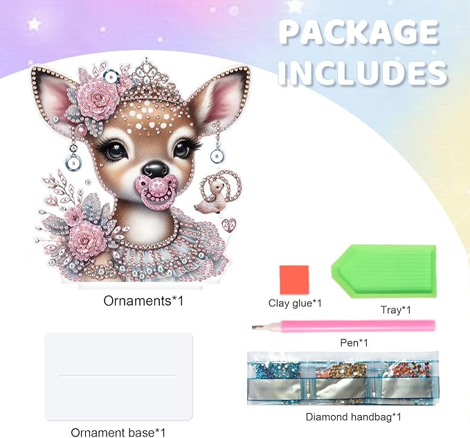 antor DIY Diamond Painting Desktop Ornament Kit, Acrylic Tabletop Diamond Art Decoration, Special Shape Diamond Painting Figurine Ornaments DIY Crafts Gift, Deer with Pink Rose Crown