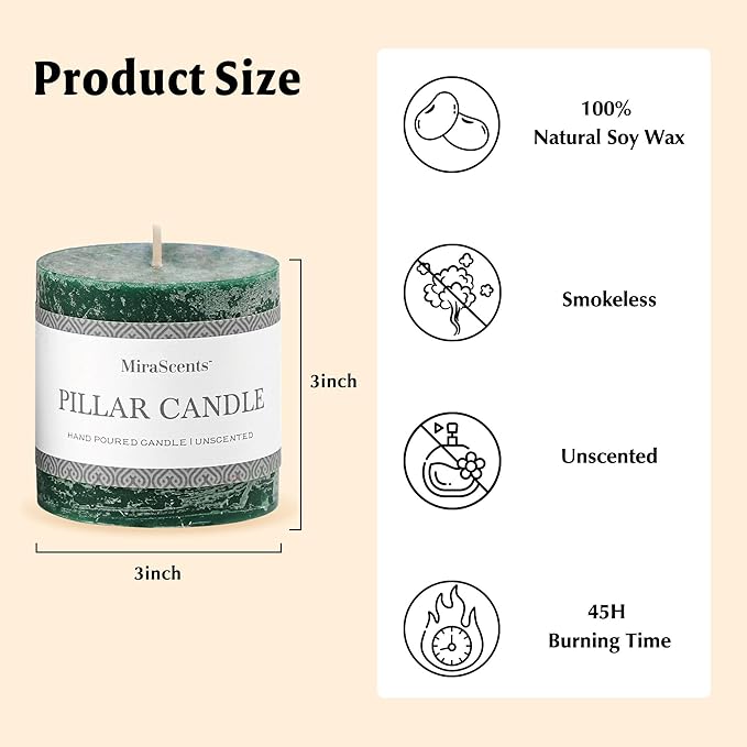 3x3 Inch Dark Green Pillar Candles Set of 3 - Hand-Poured Unscented Candles, Long Clean Burning, Dusty Sage Candle, Smokeless Dripless Candle for Dinner Table, Wedding, Home, Rustic Decor