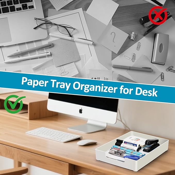 Desk Organizer Tray, 1-Pack A4 Letter-Size Tray, Plastic Printer Paper Holder, Rectangular Desktop Stackable File Holder for Office Supplies School Home, Mail Document Storage Containers (White)