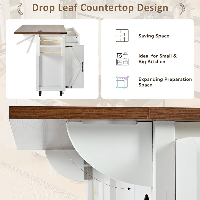 Amposei Farmhouse Rolling Kitchen Island with Power Outlet, Drop Leaf Breakfast Bar, Wooden Mobile Storage Island Cart on Wheels with Drawers, Spice Rack for Kitchen Dining Room (Retro White)