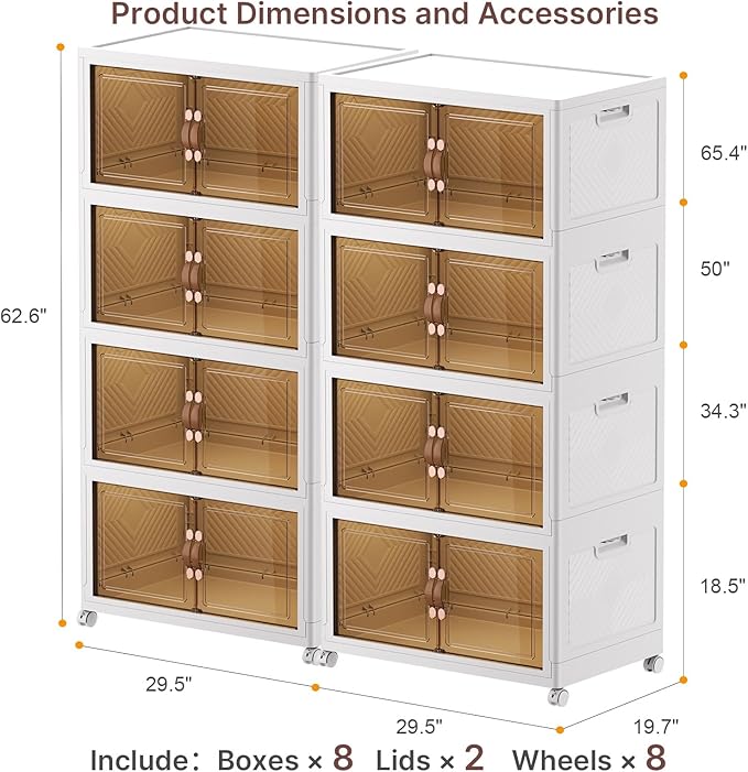 Stackable Storage Bins with Lids, 1280QT Closet Organizers and Storage with Doors and Wheels, Extra Large Storage Cabinet, Collapsible Plastic Drawers for Bedroom Dorm Office Garage