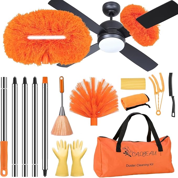 CALBEAU Ceiling Fan Cleaner Duster with 60 inch Extension Pole, Dusters for Cleaning High Ceiling Fan Blades, Dusters Kit with Storage Bag, Cleaning Tools for Families (14pcs)