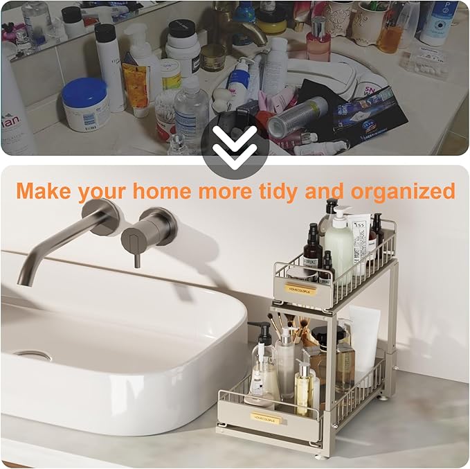 Under Sink Organizer, 2 Tier Pull Out Bathroom Cabinet Organizers and Storage L-Shaped,Multi-Purpose Metal Sliding Drawer Storage Shelf for Kitchen Bathroom, 1 Pack Grey