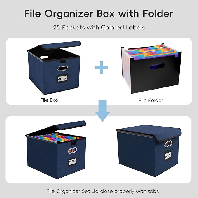 File Organizer Box with 25-Pocket Accordion Folder, File Folder & Protective Lid - Document Storage for Home, Office, School, Navy Blue