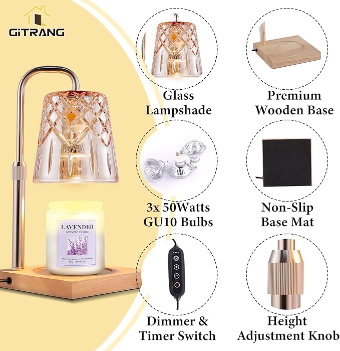 Candle Warming Lamp with Timer Dimmer,House Warming Gifts New Home Decor, Birthday Gifts for Women Mom,Height Adjustable Wax Melts Warmer for Jar Candles with 3 Bulbs，Thanksgiving Gifts Decor Lamp