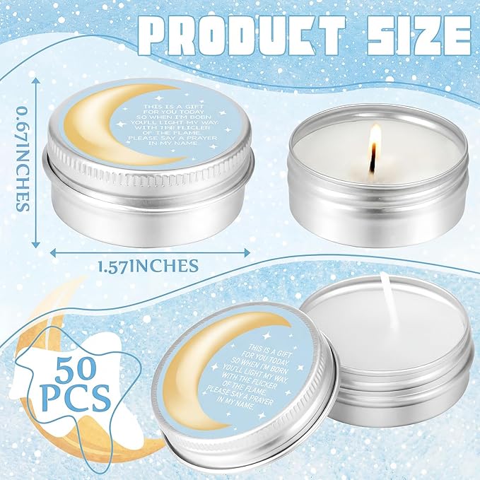 MTLEE 50 Pcs Over The Moon Baby Shower Candles 1 Oz Moon and Star Baby Shower Favors Gift Travel Tin Candle Aromatherapy Favors (Light Blue)