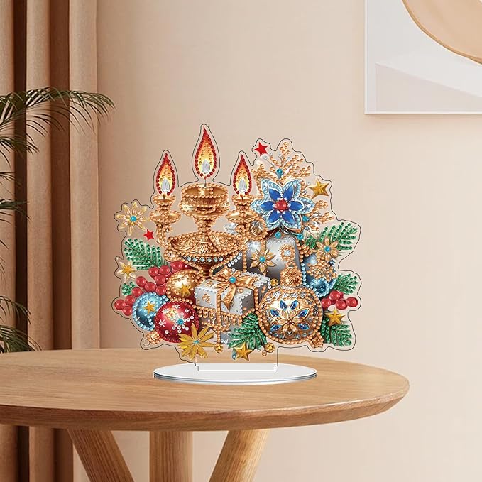ZeeLionArt Tabletop Diamond Art Painting Kit for Adult,Christmas Candles DIY Special Shaped Rhinestone Desk Placement Ornament,Home Stand Up Gem Painting Craft Kit,Gift,Double Sided.
