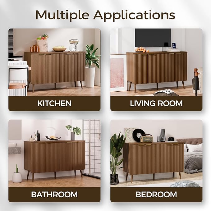 47.2" Sideboard Buffet Cabinet with Storage, Modern Fluted Accent Credenza with 4 Doors, Buffet Media Console Entryway Cabinets with Adjustable Shelves for Living Dining Room Hallway, Walnut