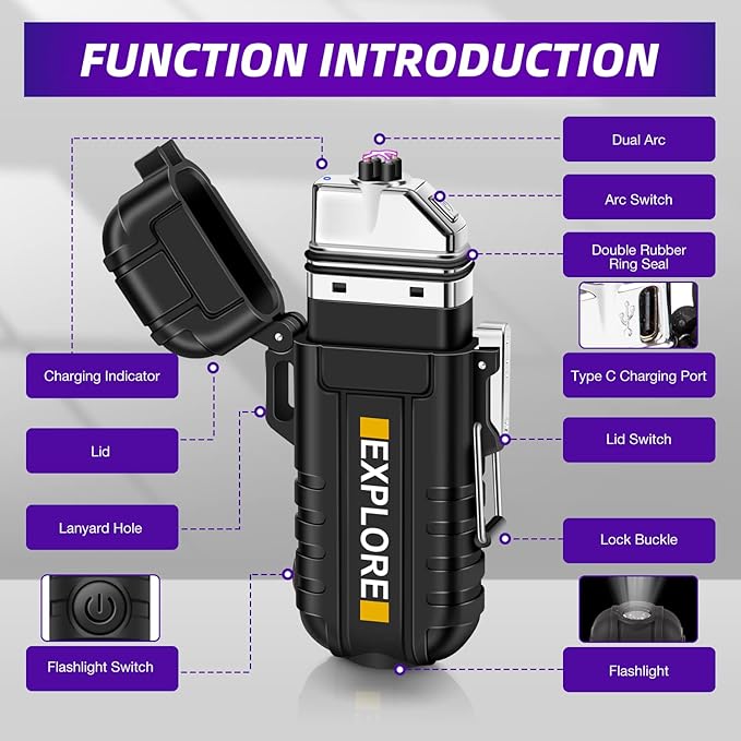 LcFun Waterproof Electric Dual Arc Lighter USB Type C Rechargeable Windproof Flameless Plasma Lighters with Flashlight for Camping, Hiking, Outdoor Survival, Tactical Gear Gifts for Men