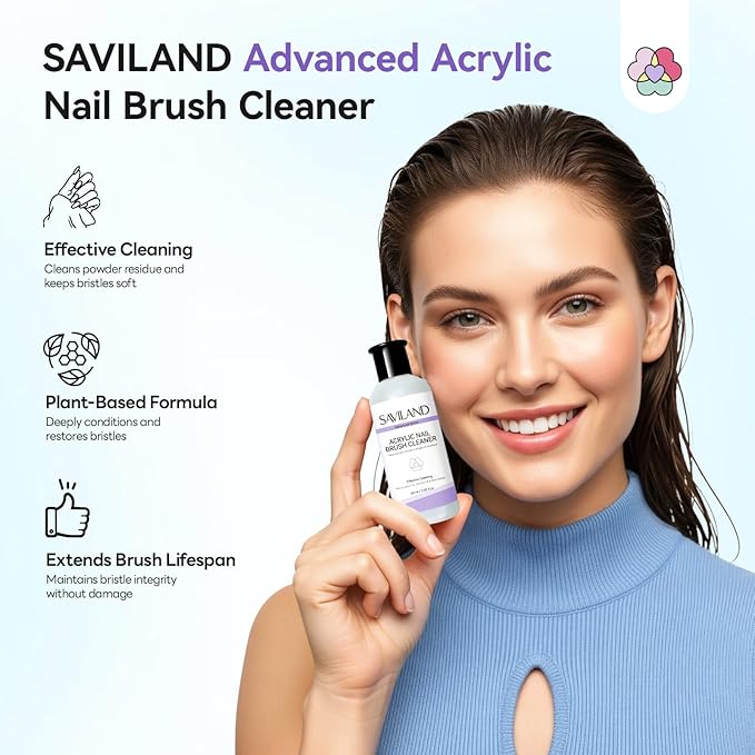 SAVILAND Advanced Acrylic Brush Cleaner: 3-Minute Deep Clean & Conditioning Liquid with Dappen Dish, Plant-Based Acrylic Nail Brush Cleaner and Preserver for Manicure Tools Home DIY & Salon Use, 60ml