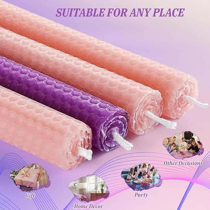 DEYBBY Natural Beeswax Taper Candles,Honeycomb Hand Rolled Beeswax Candles, Dripless and Smokeless Candle, Set of 4 Flat Top(Pink Purple)