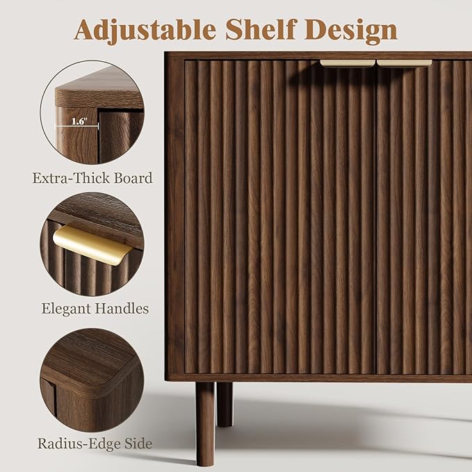 IKALIFE Sideboard Buffet Cabinet with Storage, Modern Fluted Accent Credenza with Doors & Adjustable Shelves, Wood Coffee Bar Console Table for Living Room, Dining Room, Kitchen, Entryway 31.5"Walnut