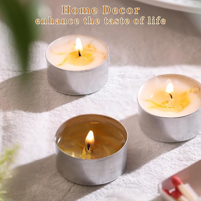 48 Pcs Vanilla Scented Tealight Candles, 6H Long Burning - 100% Palm Wax Based Scented Tea Lights with Dried Flowers, Non-Toxic/Smokeless Tea Lights Candles Bulk for Spa, Bath, Wedding