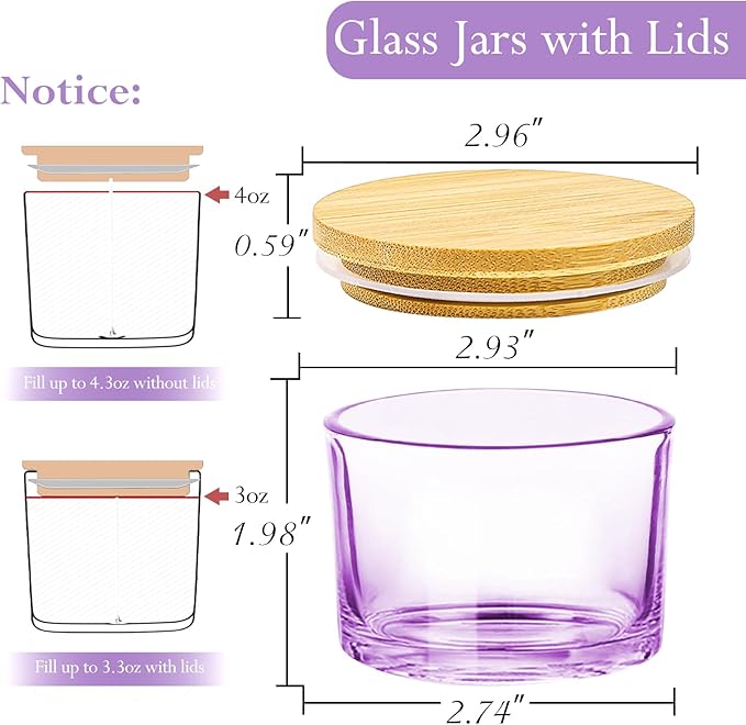 CONNOO 15 Pack 4 OZ Purple Glass Candle Jars with Airtight Bamboo Lids for Making Candles, Bulk Small Wide Mouth Empty Candle Containers with Sticky Warning Labels - Dishwasher Safe, Lavender