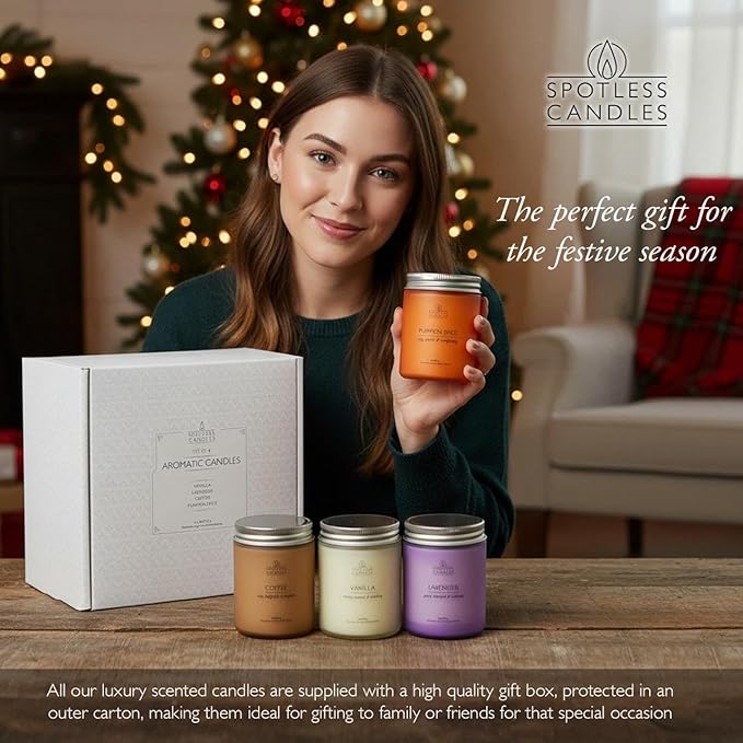 Candles for Women - 4 x 8oz Coloured Glass Jars 3" x4 Mixed Set of Classic Scents Pumpkin Spice, Coffee, Vanilla, Lavender 200 Hours Burn Time, Classic Candle Set for Men & Women by Spotless Leopard