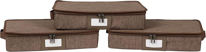 Covermates Keepsakes Zip-Top Storage Box Set, 3 Pack Heavy Duty Polyester Organizer Bins, Stackable Design, ID Window, Reinforced Handles, Closet Home Storage, Brown Heather