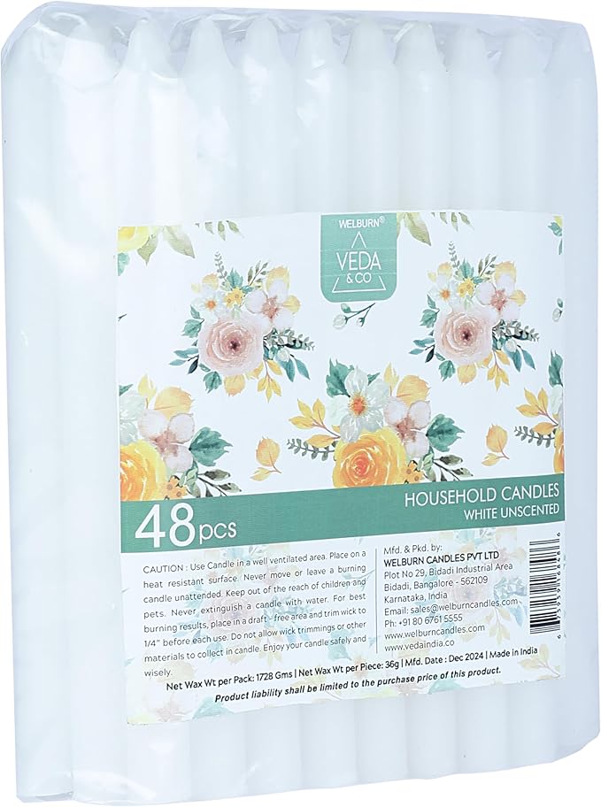 Welburn Veda&Co™ Church Candles, Household, Emergency - Pack of 48, 16mm x 8" (7 Hours Burn Time), 100% Fully Refined Paraffin Wax, for Memorial, Christmas Eve, Shabbat (White)