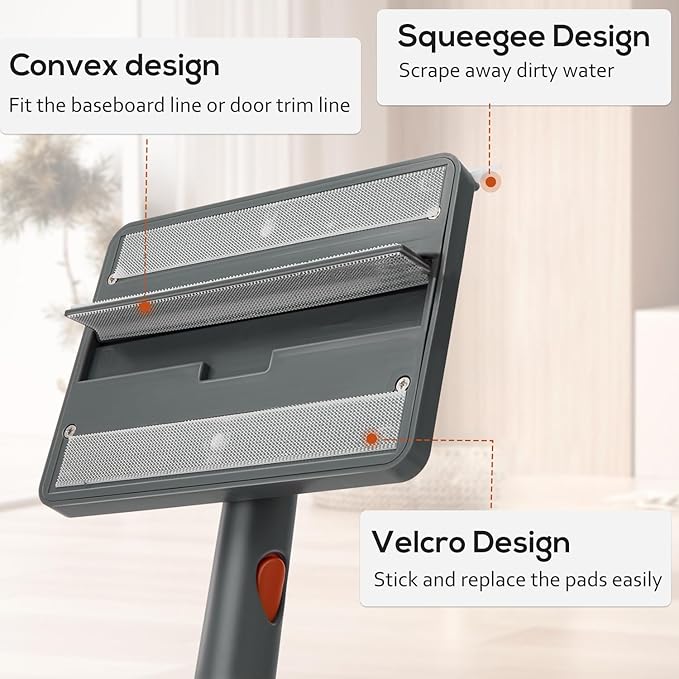 Base Board Cleaner Tool with Handle, 360 Rotating Wall Cleaner Mop, 180 Folding Ceiling Tool Duster with Squeegee for Cleaning Wall, Ceiling, Window, Floor, 8 Replacement Cleaning Pads