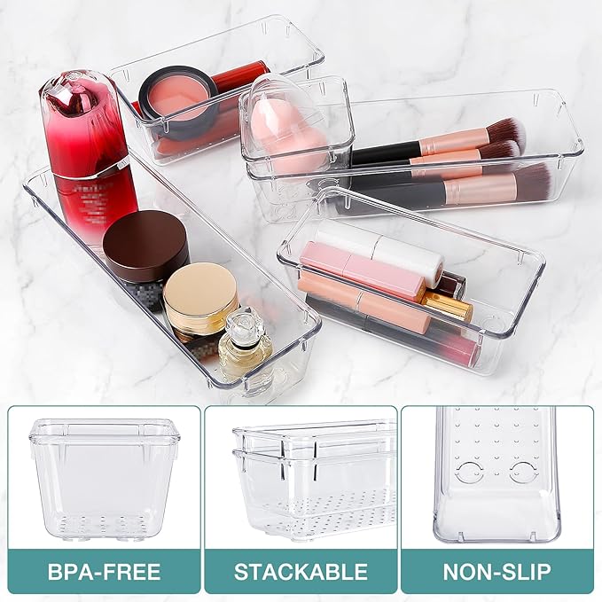 StorMiracle 25 PCS Drawer Organizer Set, 4 Varied Size Bathroom and kitchen Drawer cabinet organizer Trays, Clear Storage Bins for Makeup, Jewelry, Utensils and Gadgets