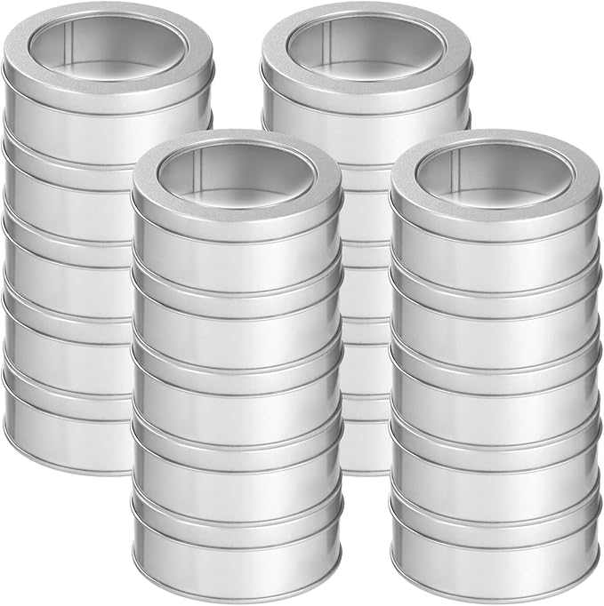 20 Pcs Metal Tin Cans 4 OZ Round Containers with Clear Tops, Empty Food Storage Containers for Storing Candles, Candies, Tea, Silver Tin Cans for Kitchen, Office, Travel