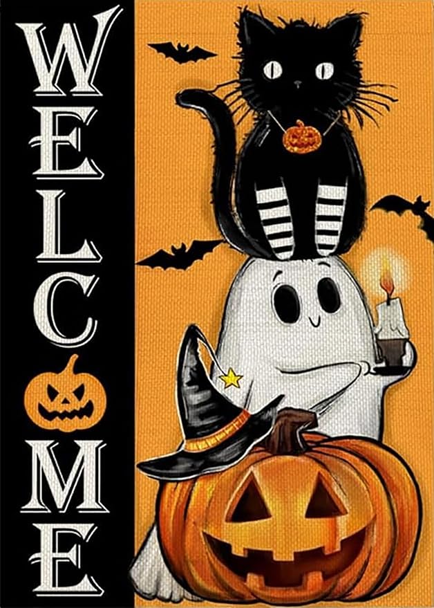 KINPLUB Halloween Diamond Painting Kits for Adults, Cat Ghost Pumpkin 5D Diamond Art Kits for Beginners, DIY Full Round Drill Paint by Diamonds Dots, Home Wall Decor 12 x 16 Inch