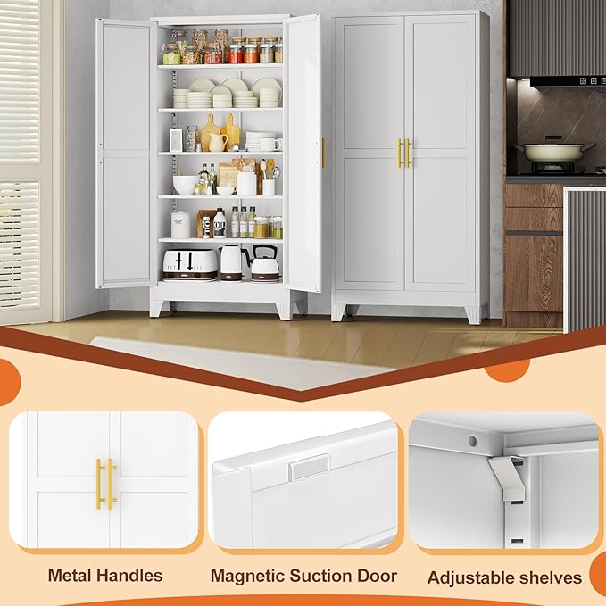 White Metal Storage Cabinet,75" Steel Cabinets for Home Office, Kitchen Pantry Storage Cabinet with Doors and 5 Adjustable Shelves, Tool Cabinets, for Office, Home, Garage, School, 36" W