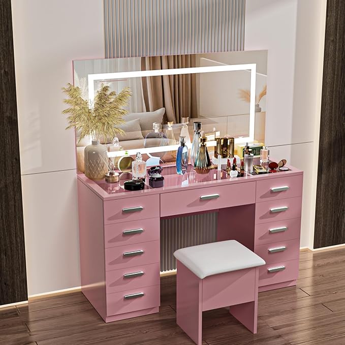Vanity Desk with Mirror and Lights, 50" Makeup Vanity with Glass Top & Power Outlet, White Vanity with 11 Drawers & 8 Hidden Storage Shelves, 3 LED Lighting Modes Adjustable for Bedroom (PINK)