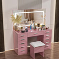 Vanity Desk with Mirror and Lights, 50" Makeup Vanity with Glass Top & Power Outlet, White Vanity with 11 Drawers & 8 Hidden Storage Shelves, 3 LED Lighting Modes Adjustable for Bedroom (PINK)