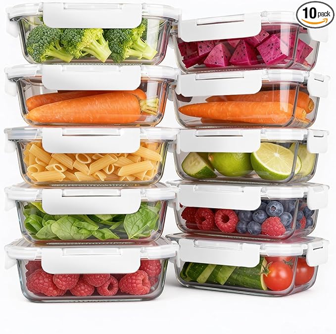 KAMOTA Glass Food Storage Containers, 10 Pack Glass Meal Prep Containers, Airtight Containers with Snap-Lock Lids, 22 oz White Container Set with Lids, for Microwave/Oven/Freezer/Dishwasher