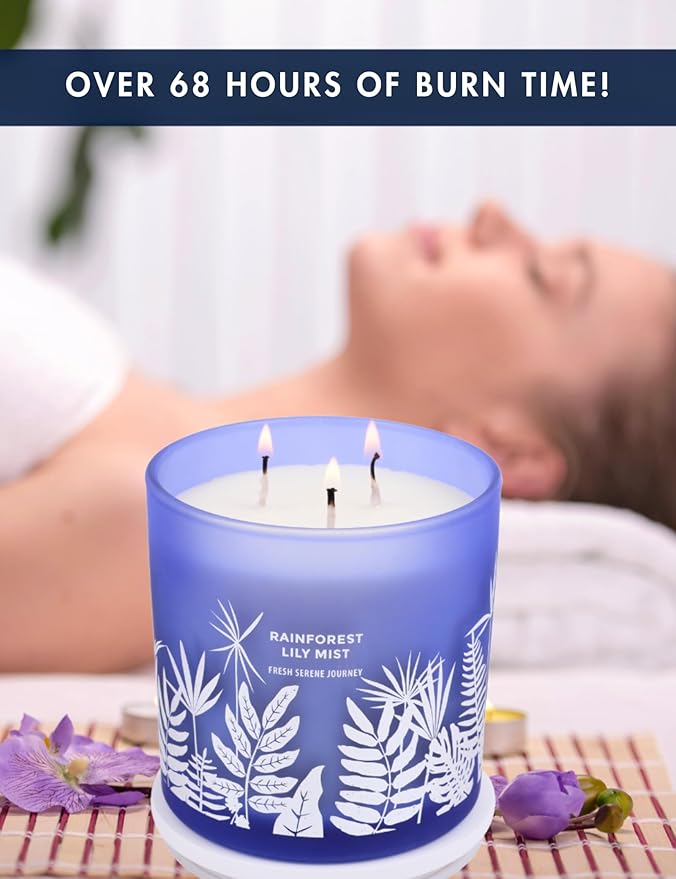 Large 3-Wick Soy Candle 14.5oz | Rainforest Lily Mist Scented Candle | Fresh Floral Aromatherapy Candle | Slow & Clean Burning | Luxury Relaxation Gift for Women and Men